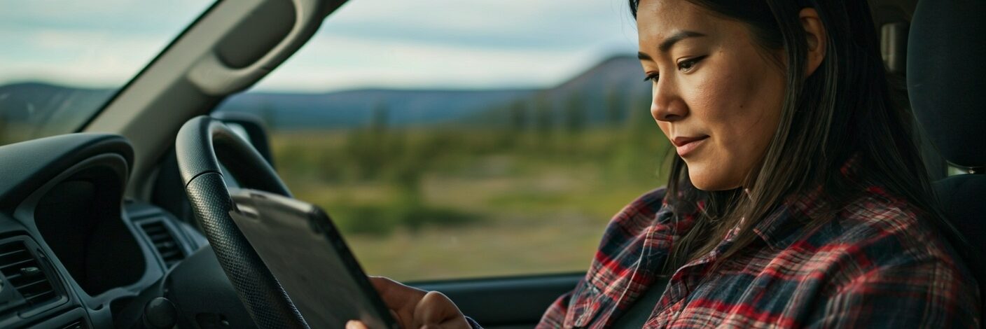 Alaskan Female doing online therapy from her tablet.