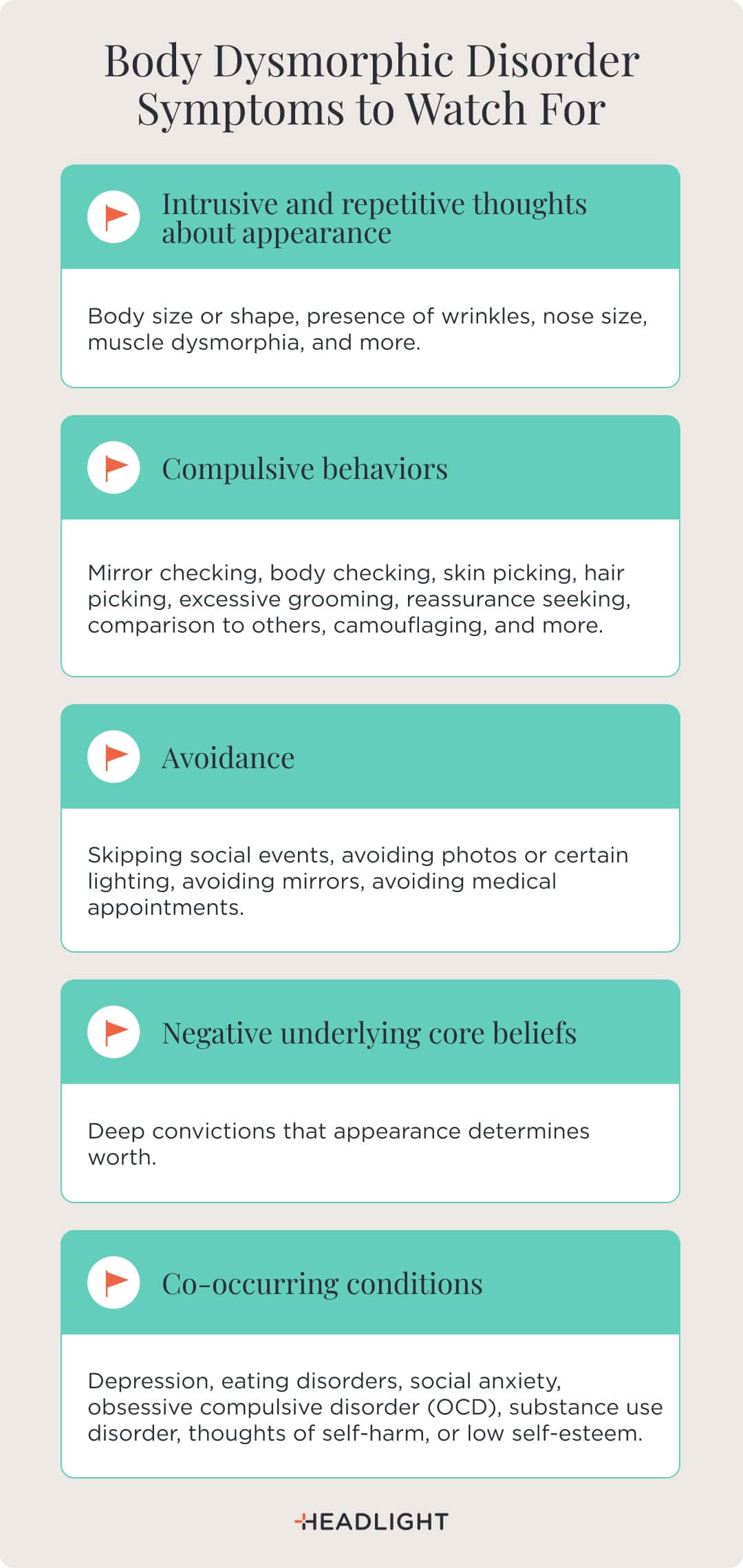 Body dysmorphic disorder symptoms to watch for include intrusive and repetitive thoughts about appearance, such as concerns about body size or shape, wrinkles, nose size, or muscle dysmorphia; compulsive behaviors like mirror checking, body checking, skin or hair picking, excessive grooming, reassurance seeking, comparing yourself to others, and camouflaging; avoidance of social events, photos, certain lighting, mirrors, or medical appointments; negative core beliefs, including the conviction that appearance determines worth; and co-occurring conditions such as depression, eating disorders, social anxiety, obsessive-compulsive disorder (OCD), substance use disorder, thoughts of self-harm, or low self-esteem.