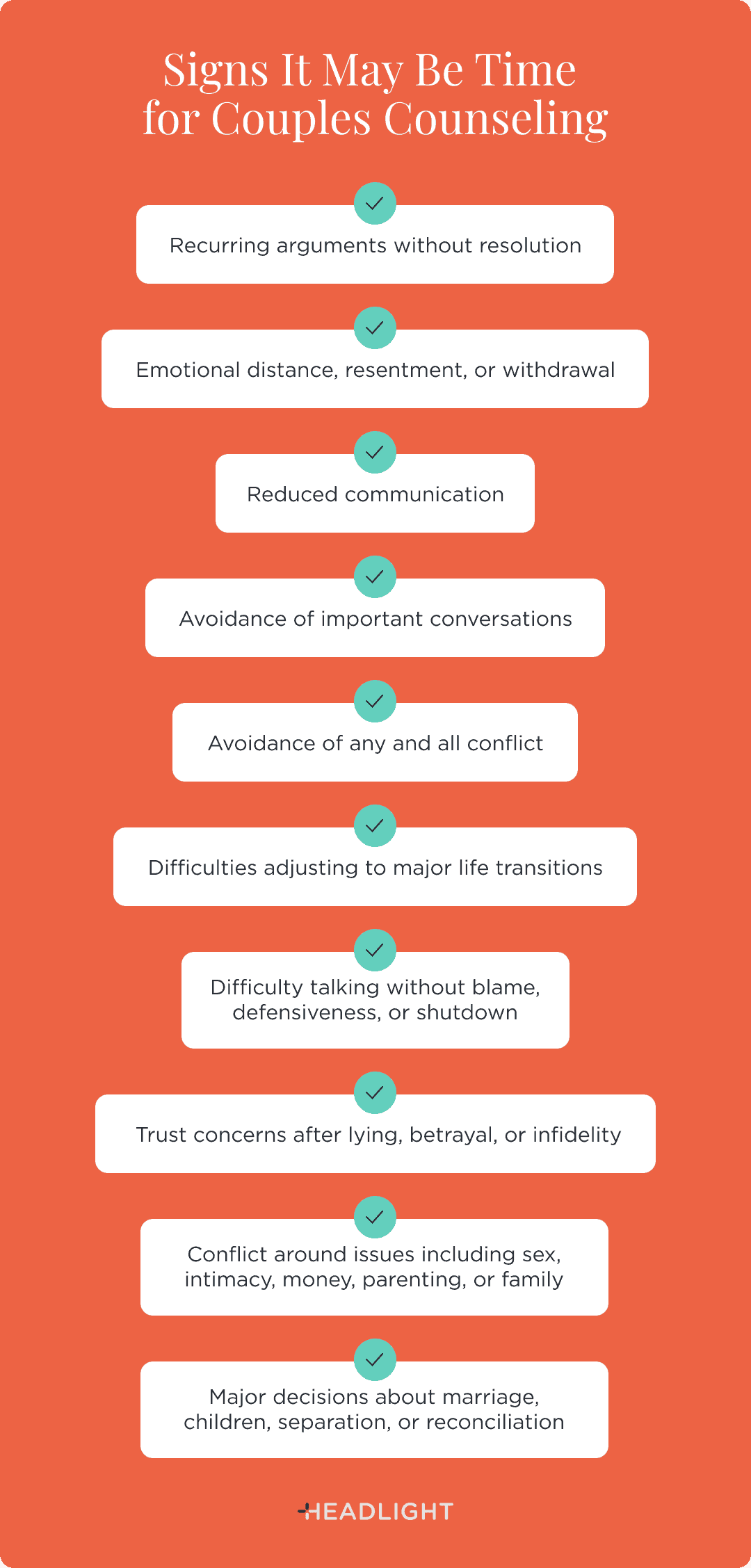 Signs it may be time for couples counseling include recurring arguments without resolution, emotional distance, resentment or withdrawal, reduced communication, avoiding important conversations or all conflict, difficulty adjusting to major life transitions, difficulty talking without blame, defensiveness, or shutdown, trust concerns after lying, betrayal, or infidelity, conflict around issues such as sex, intimacy, money, parenting, or family, and making major decisions about marriage, children, separation, or reconciliation.