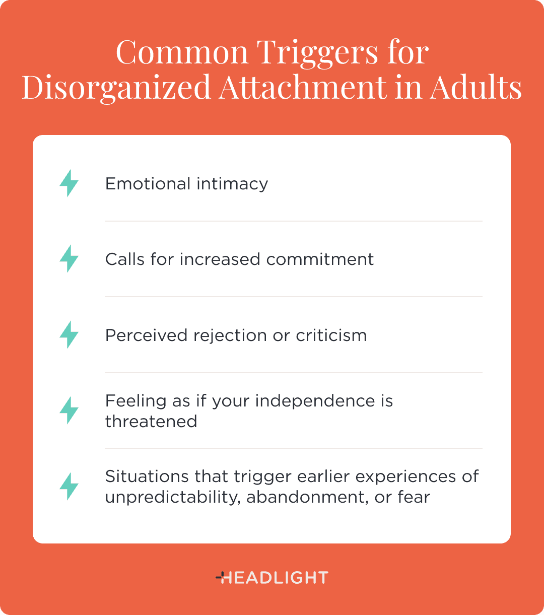 Common triggers for disorganized attachment in adults include emotional intimacy, calls for increased commitment, perceived rejection or criticism, feeling that your independence is threatened, and situations that bring up earlier experiences of unpredictability, abandonment, or fear.