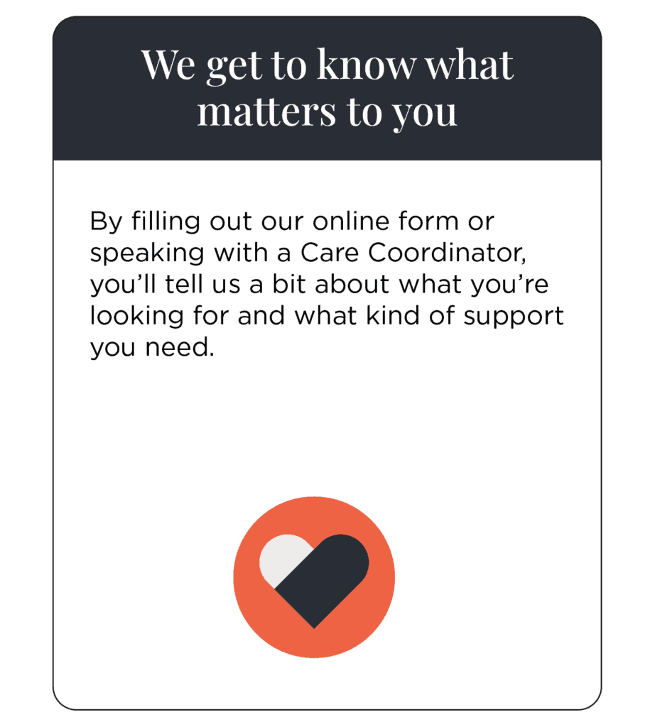 We get to know what matters to you

By filling out our online form or speaking with a Care Coordinator, you’ll tell us a bit about what you’re looking for and what kind of support you need.